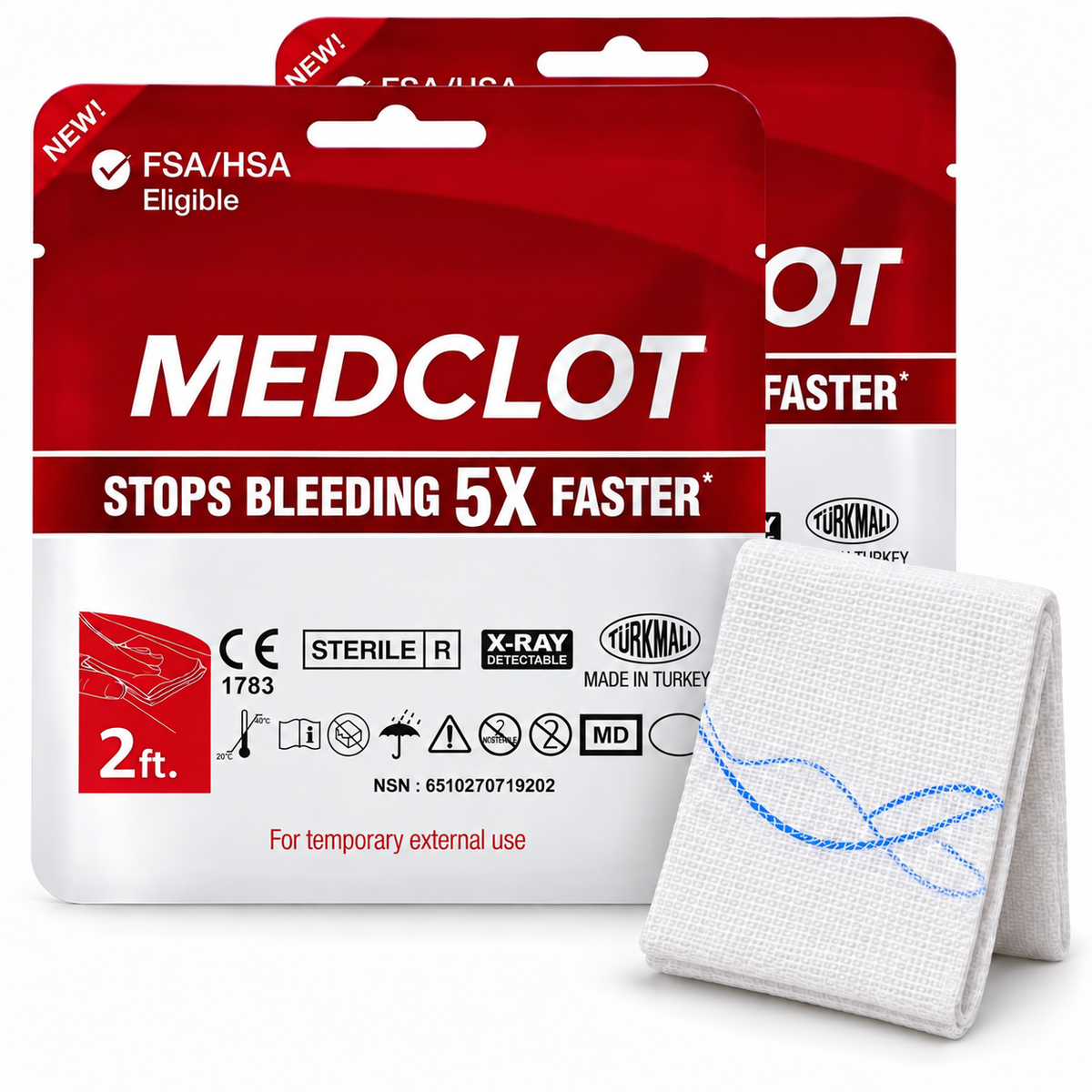 MEDCLOT hemostatic gauze 2-Pack – two 3in x 2ft kaolin Z-fold dressings